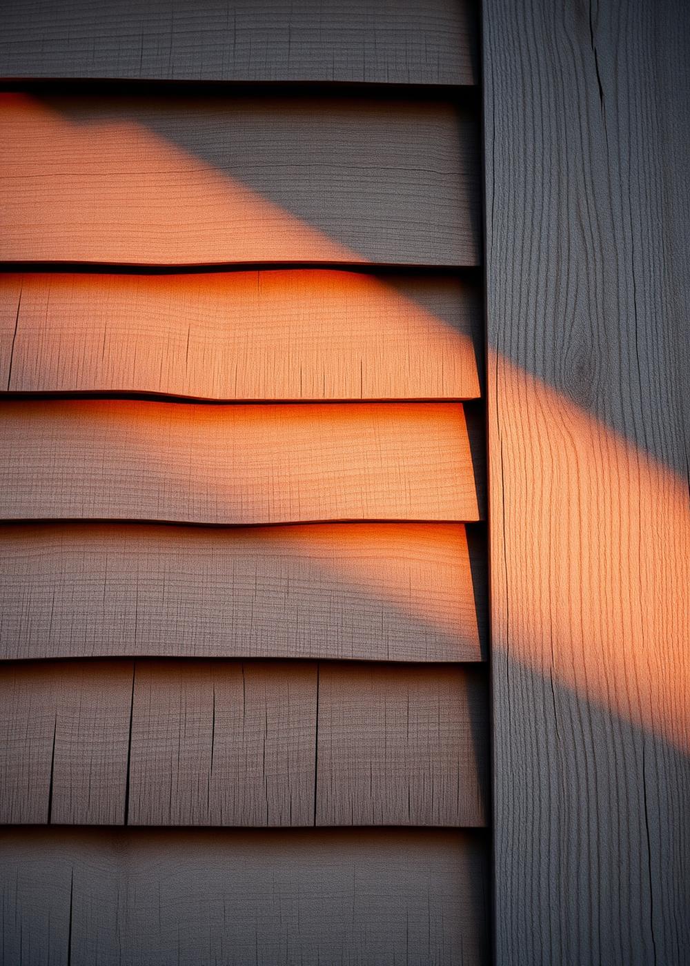 Weathered cedar shingles in golden light