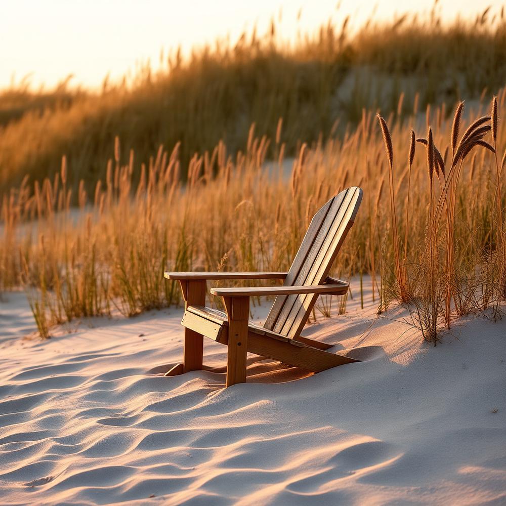 Wooden Adirondack chair in dune grass