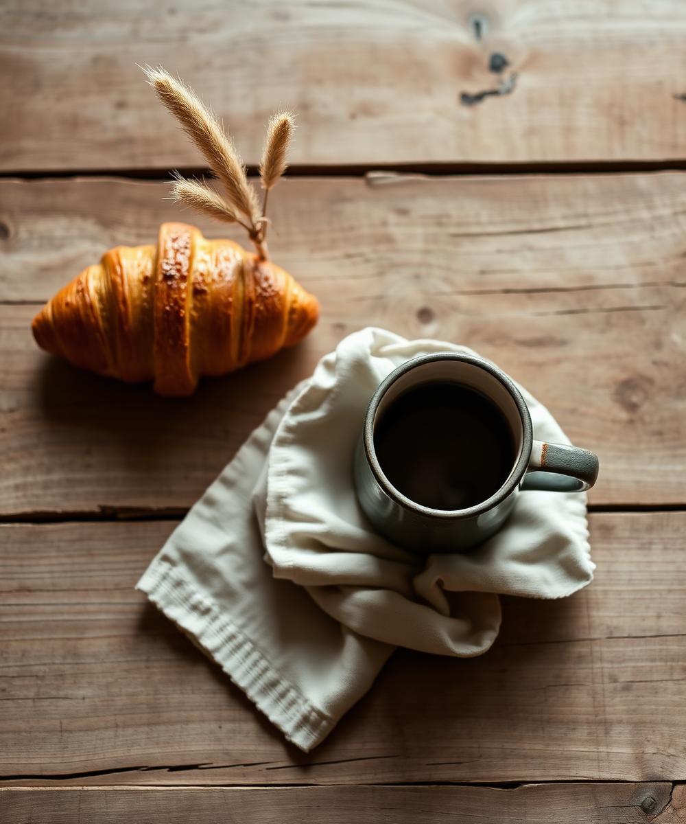 Morning coffee and croissant on a weathered table