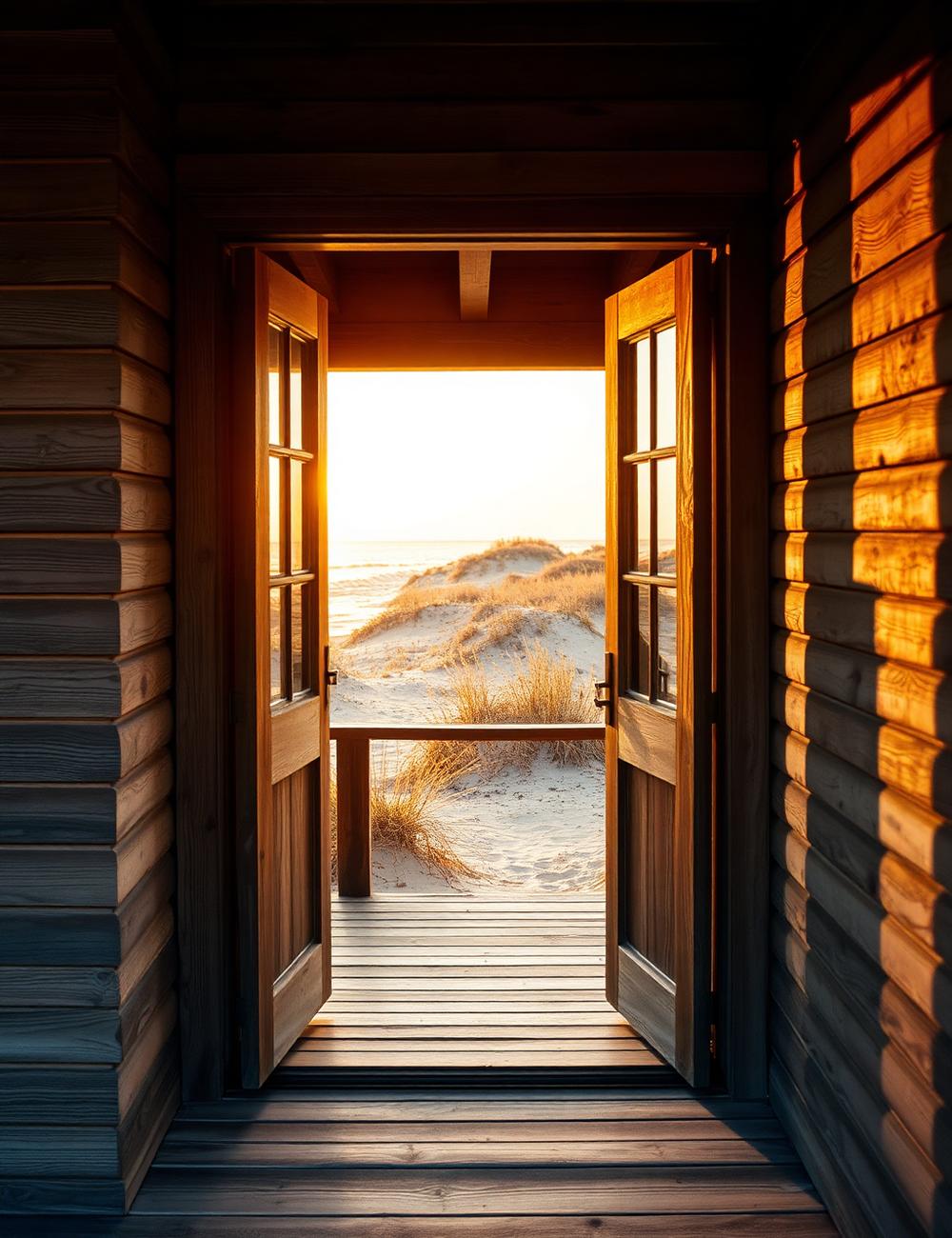 Open cottage door looking out to the dunes at sunset